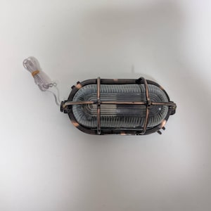 Op de afbeelding: Een ovaalvormige buitenlamp in koperkleur met een heldere, geribbelde glazen lens. De lamp is omhuld in een beschermende metalen kooi en heeft een draad. Ontworpen voor wandmontage.