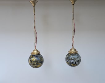 Par taklampor i Murano-stil i glas – hängande lampor i mässing från mitten av århundradet, vintageinspirerade