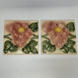 Pair of Vintage Majolica Tiles Art Nouveau Japanese Unused