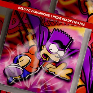 May include: A digital print featuring a cartoon character in a superhero costume, with a purple cape and mask, and orange shirt. The background is a vibrant mix of pink, red, and orange hues. Text on the image reads "INSTANT DOWNLOAD | PRINT READY PNG FILE".