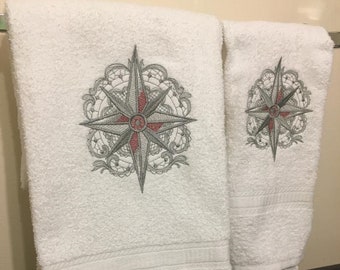 Compass Rose Embroidered Towel Set Nautical Coastal Sea Decor Remodel