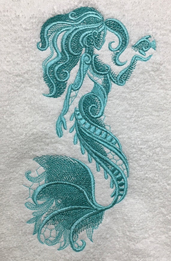 Embroidered Mermaid Bath Towel Set Seafoam on White Decor Etsy