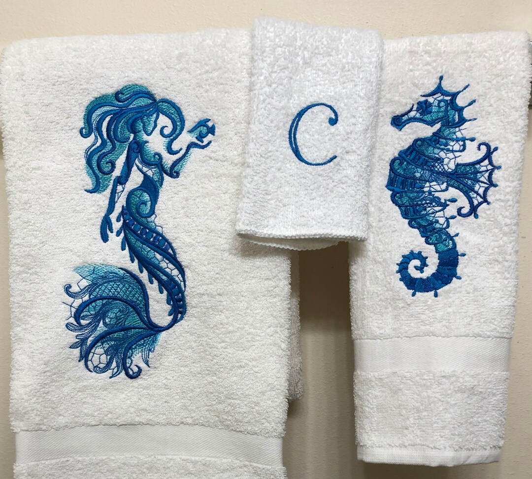 Set De 2 Serviettes De Bain Et Mains Brodées Hippocampes - Par Laura - Fait Main - Neuves Sans étiquette