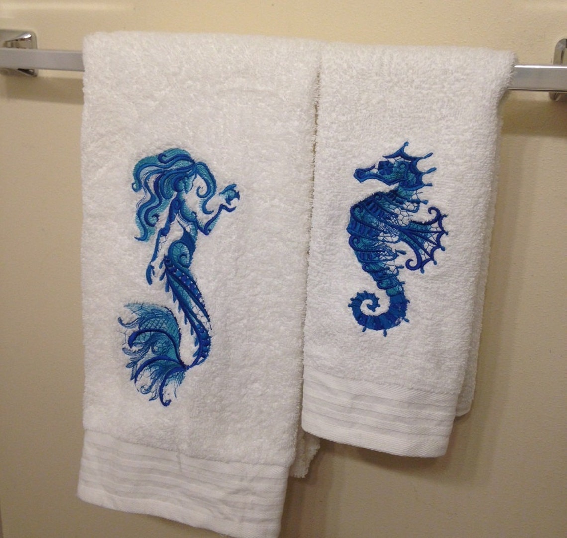Embroidered Mermaid Bath Towel Embroidered Sea Horse Hand Etsy