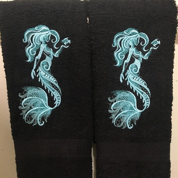 Embroidered Mermaid Bath Towel Set Seafoam on Black Bath Shower Decor Remodel