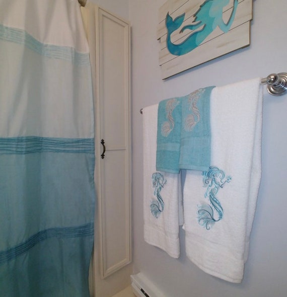 Embroidered Mermaid Bath Towel Embroidered Sea Horse Hand Towel Wash Cloth Set Decor Remodel Etsy