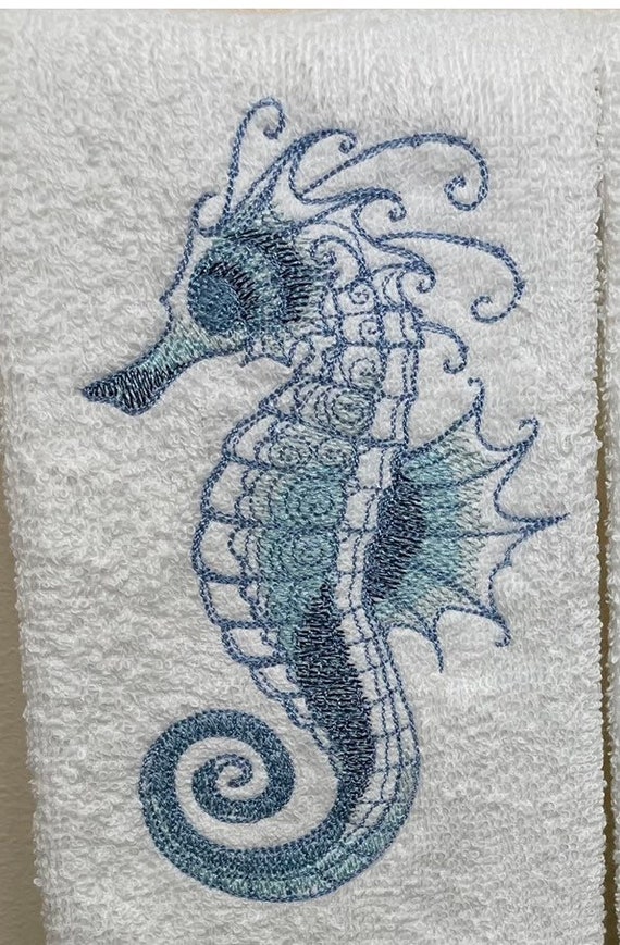 Embroidered Seahorse Hand Towel Set Ocean Blue Decor Remodel Etsy Canada
