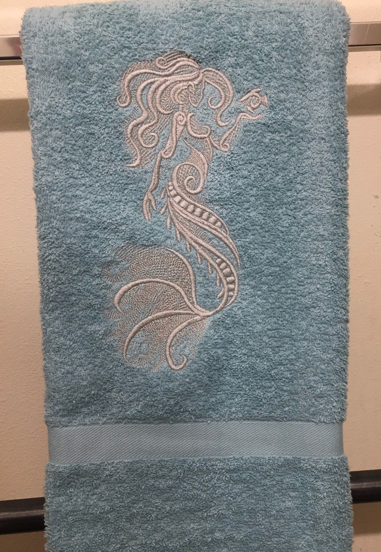 Embroidered Mermaid Bath Towel Set Seafoam Etsy