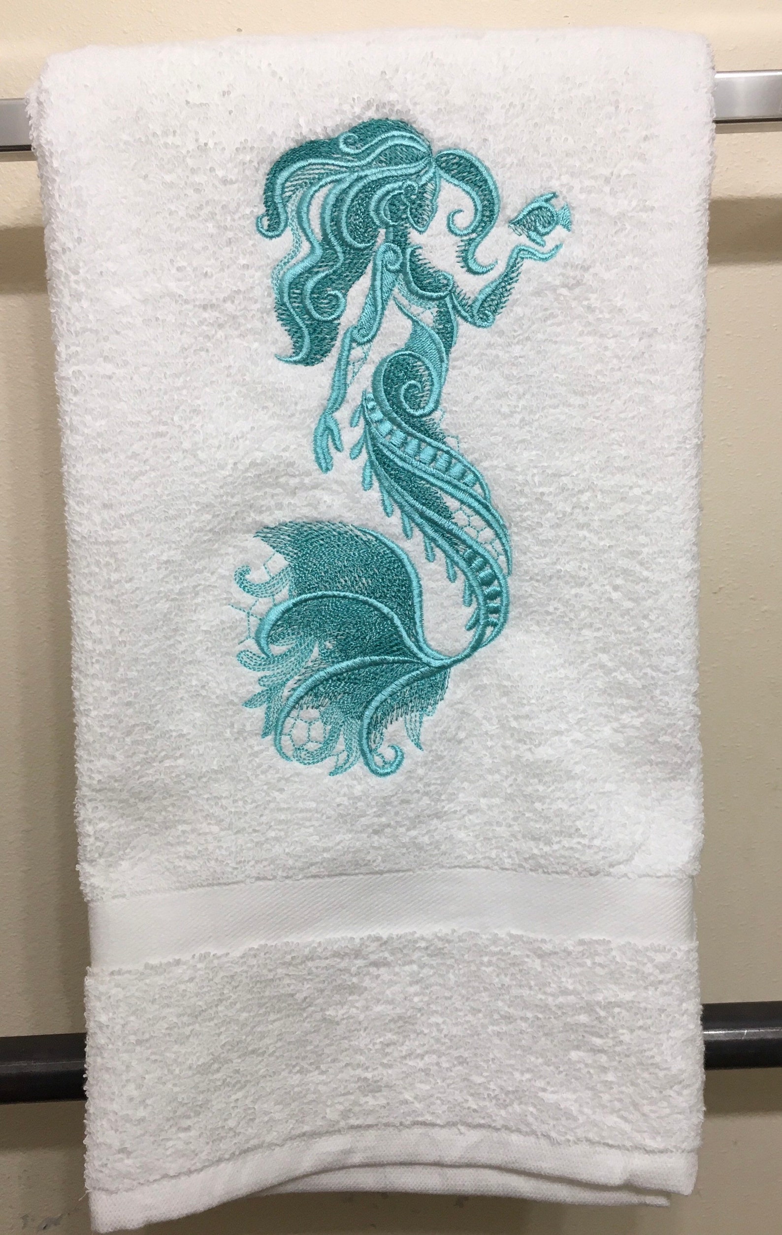 Embroidered Mermaid Bath Towel Set Seafoam on White Decor Etsy