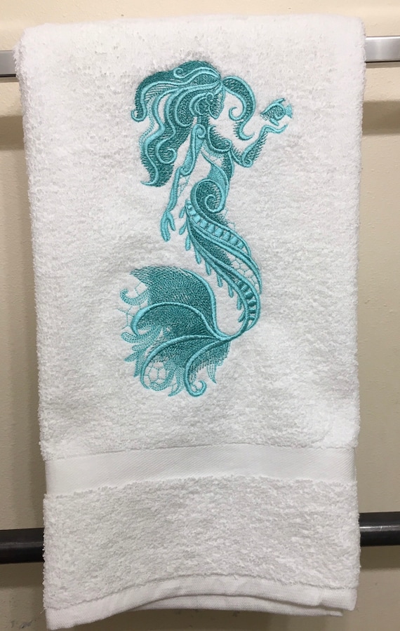 Embroidered Mermaid Bath Towel Set Seafoam on White Decor Remodel 