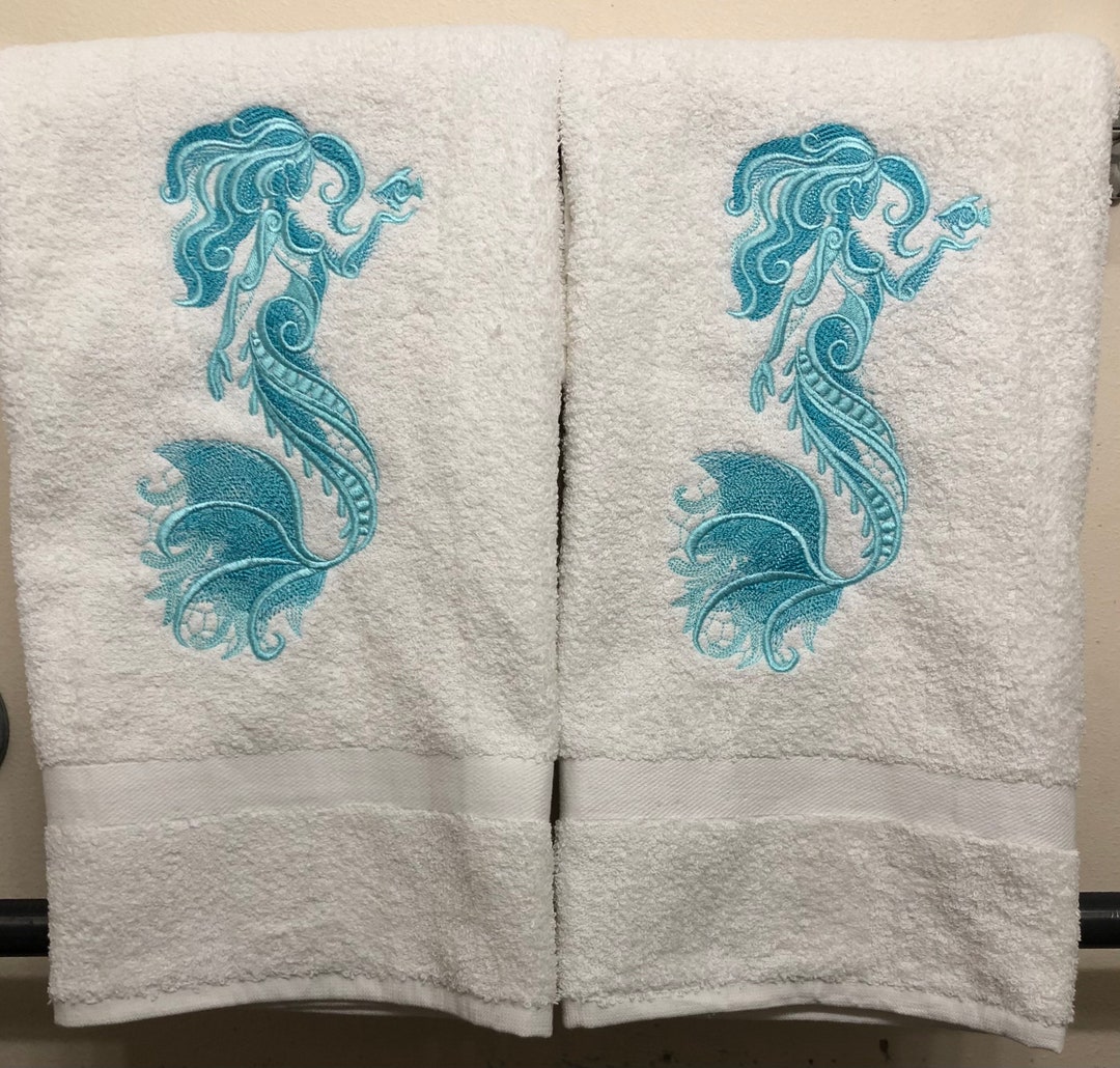 Embroidered Mermaid Bath Towel Set Seafoam and Teal on White Bath