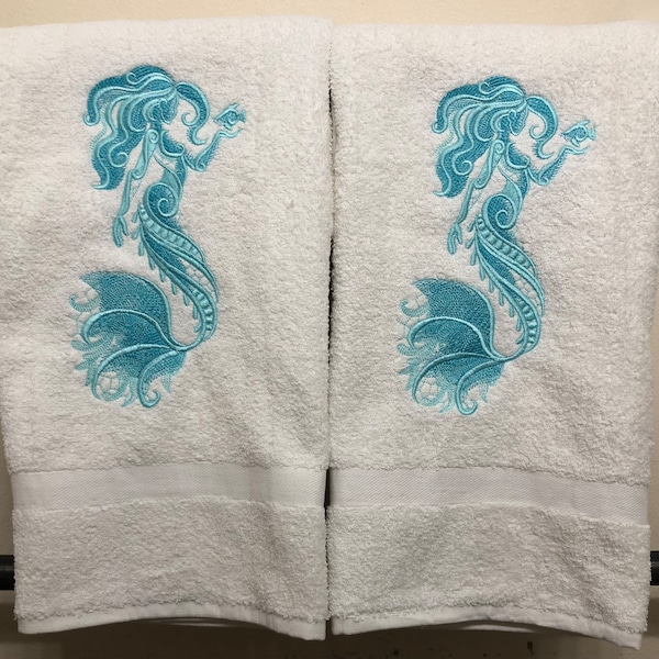 Embroidered Mermaid Bath Towel Set Seafoam and Teal on White Bath Shower Decor Remodel