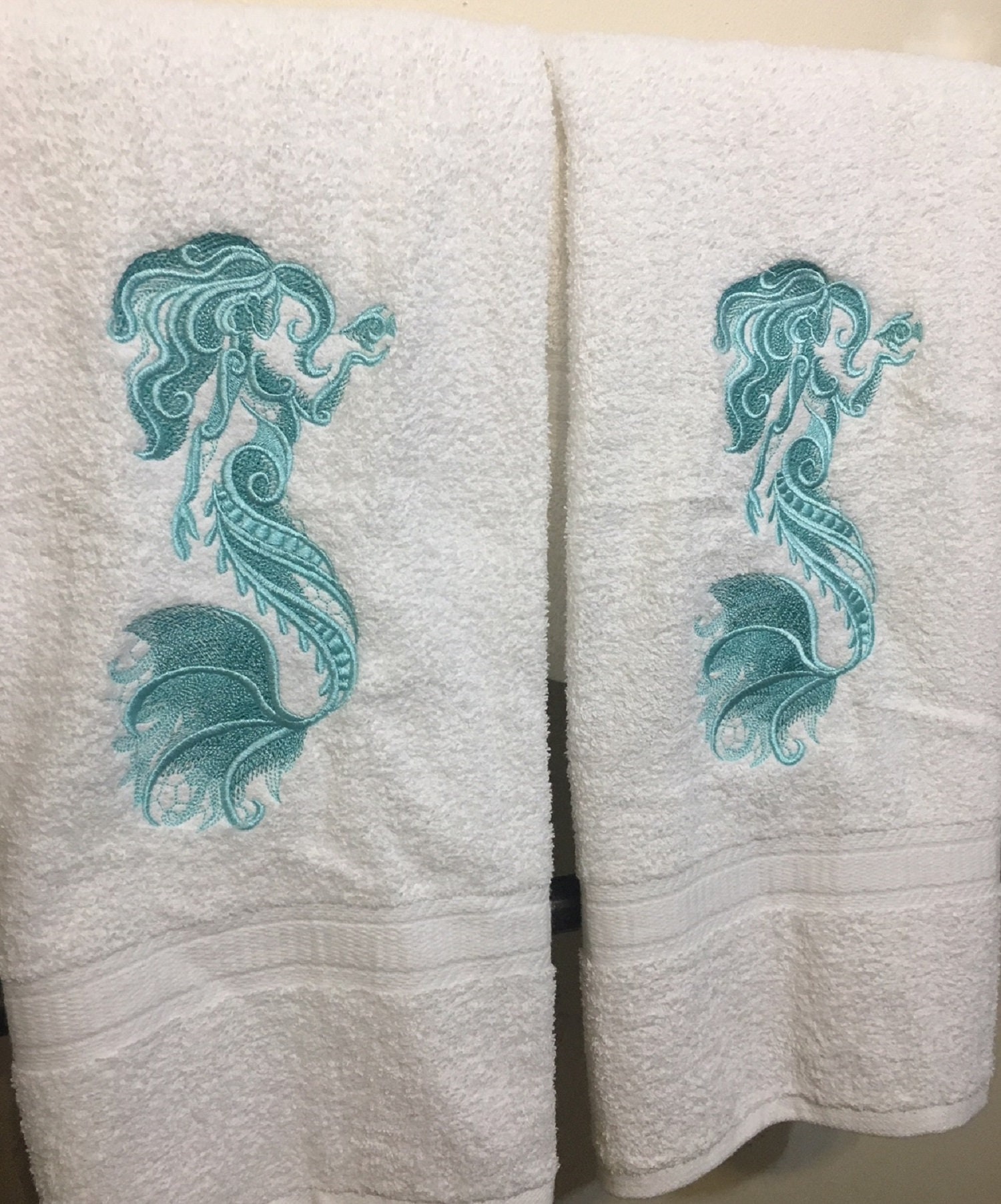 Embroidered Mermaid Bath Towel Set Seafoam on White Etsy