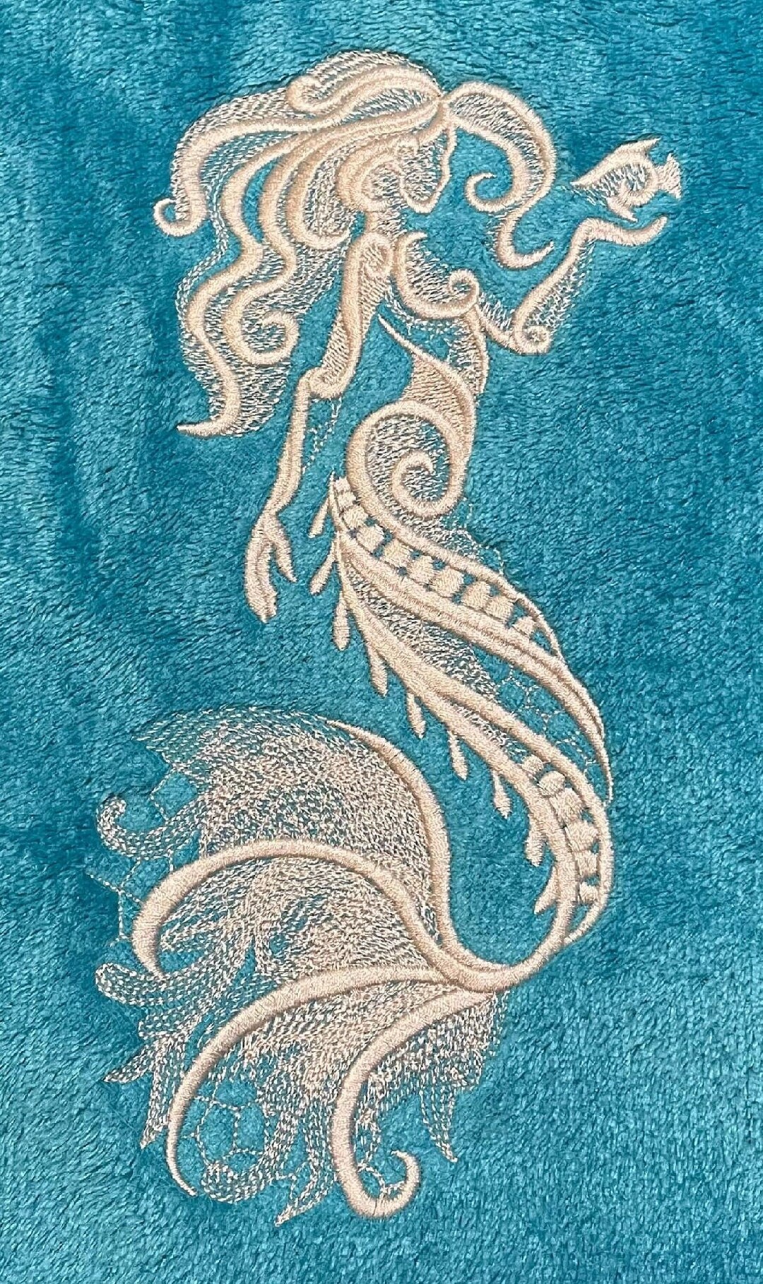 Embroidered Mermaid Silver on Teal Plush Throw With Poms Etsy