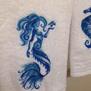 Embroidered Mermaid Bath Towel, Embroidered Sea Horse Hand Towel, Wash Cloth Set Blue Teal Green Decor Remodel Airbnb VRBO
