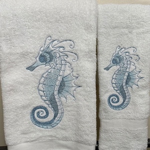 Embroidered Seahorse Bath Towel Set Ocean Blue on White Decor Remodel Airbnb VRBO