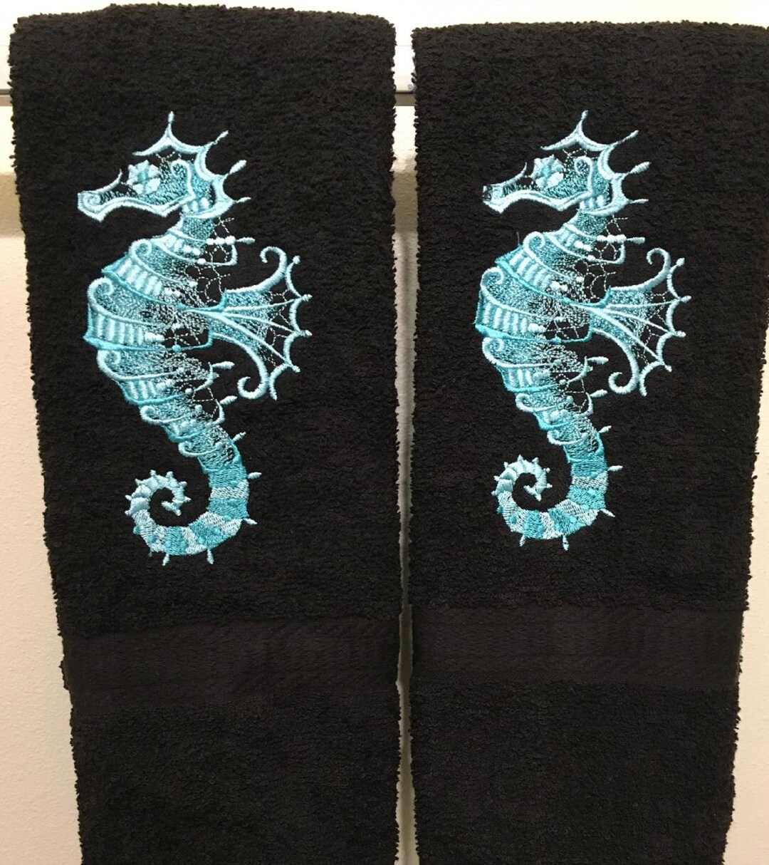 Embroidered Seahorse Bath Towel Set Seafoam on Black Bath Shower Decor
