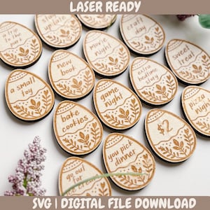 May include: Wooden egg-shaped tokens with engraved text and floral designs. Phrases include "a small toy," "bake cookies," and "game night." The words "LASER READY" and "SVG | DIGITAL FILE DOWNLOAD" are also visible.
