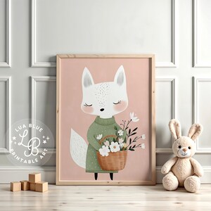 Cute Fox with Flowers Printable Wall Art, Nursery Wall Decor, Woodland Animal Art Print, Instant Download Digital Print, Kids Room Decor