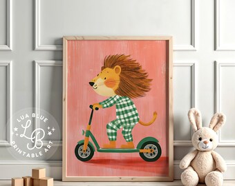 León genial en scooter, arte imprimible, decoración de pared para guardería, decoración de habitación infantil, arte para sala de juegos, descarga instantánea, arte digital