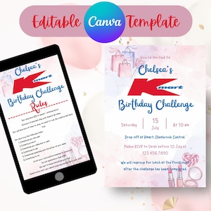 May include: Digital invitation and rules for a birthday challenge, with the text "Chelsea's Kmart Birthday Challenge." The invitation includes the date, time, and RSVP details. The rules are displayed on a smartphone screen.