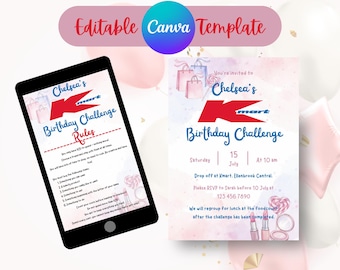 Kmart Birthday Challenge Invitation Bundle | Editable Canva Template | Birthday Invite Rules Card Receipt Template | Kids Party Printable