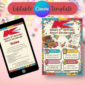Könnte beinhalten: Ein Smartphone zeigt eine farbenfrohe Geburtstagseinladung für "Alice's 11th Birthday Kmart Challenge". Die Einladung enthält eine Schatzkiste und eine Liste mit Regeln. Die Worte "Editable Canva Template" stehen oben.