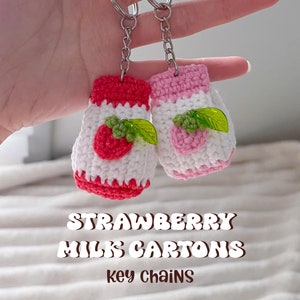 Chaveiros de Crochê de Caixa de Leite com Morango, Amigurumi Feito à Mão
