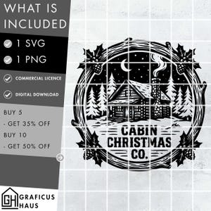 May include: Black and white digital design featuring a cabin in a winter forest scene, with a crescent moon and stars. The text "Cabin Christmas Co." is displayed below the cabin. Includes SVG and PNG files.