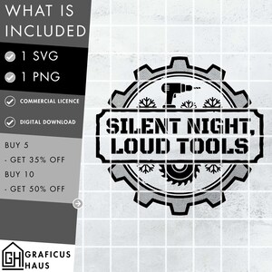 May include: Black and white digital design with the text "SILENT NIGHT, LOUD TOOLS" inside a gear-shaped frame. Includes SVG and PNG files, commercial license, and digital download.