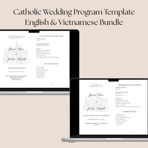 Plantilla de programa de boda católica, programa de ceremonia de boda católica plegada, paquete minimalista en inglés y vietnamita. DESCARGA INSTANTÁNEA.