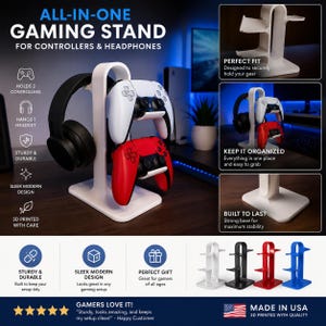 May include: A white gaming stand designed to hold two game controllers and one headset. The stand features a central vertical support with arms for the controllers and a top hook for the headset. It is shown in white, black, red, and blue.