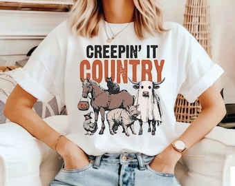 Creepin It Country T-Shirt, Halloween Farm Shirt, Western Cow Horse Tee, Spooky Season Top