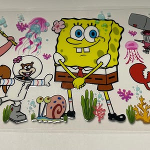 May include: A colorful image featuring characters from the animated series SpongeBob SquarePants. The image includes SpongeBob, Patrick, Sandy, Squidward, Mr. Krabs, Plankton, Pearl, and Gary, along with jellyfish and coral.