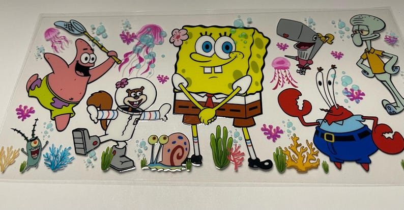 May include: A colorful image featuring characters from the animated series SpongeBob SquarePants. The image includes SpongeBob, Patrick, Sandy, Squidward, Mr. Krabs, Plankton, Pearl, and Gary, along with jellyfish and coral.