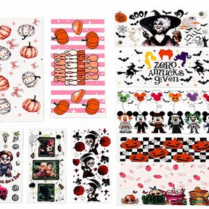 May include: A collection of rectangular sticker sheets featuring various Halloween-themed designs, including pumpkins, a witch, cartoon characters, skulls, and text such as Thick Thighs & Pumpkin Pies, Zero Amucks Given, and Brats, Bitch, Get a Treat.