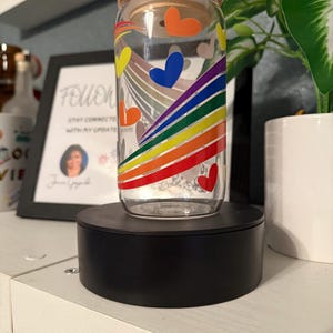 Rainbow Pride Glass Tumbler: Reusable Iced Coffee Cup with Bamboo Lid