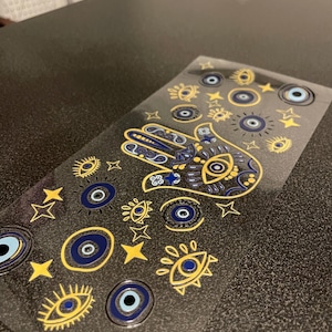 Envoltura DTF con efecto UV y ojo de Hamsa: calcomanía espiritual para latas de vidrio: transferencia de vinilo para hacer tú mismo para latas de vidrio, vasos y más.
