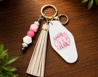 Beaded Motel Keychain | Chunky Tassel Keyring with Quote Tag