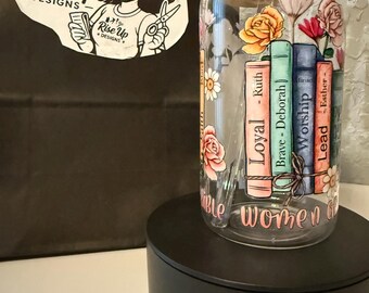 Vaso de cristal Mujeres de la Biblia / Versículo floral, tapa de bambú y pajita