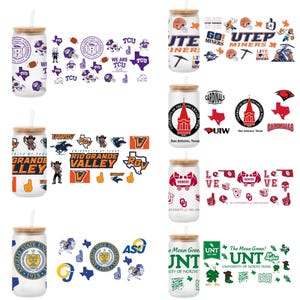 May include: Clear glass tumblers with bamboo lids and straws, featuring college team logos and mascots. Designs include TCU, UTEP Miners, UIW Cardinals, Rio Grande Valley, Oklahoma Sooners, Angelo State, and UNT Mean Green.