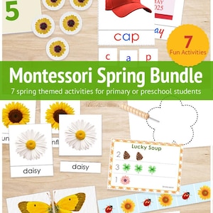 Puede incluir: Paquete Montessori de Primavera con 7 actividades con temática primaveral para estudiantes de preescolar o primaria. Las actividades incluyen tarjetas de emparejamiento con girasoles, margaritas, mariposas y mariquitas. También hay actividades de emparejamiento de números con piñas, tréboles y flores.