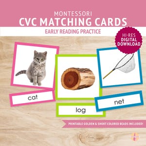 May include: Montessori CVC matching cards for early reading practice. The set includes cards with images of a gray cat, a wooden log, and a fishing net, paired with corresponding word labels. A pink badge indicates a hi-res digital download.