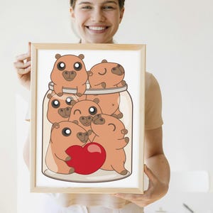 Heart Jar of Capybaras Wall Art Print – Red Heart or Pink. Cute A4/A5 Animal Wall Art – Unframed Illustration for Capybara Lovers