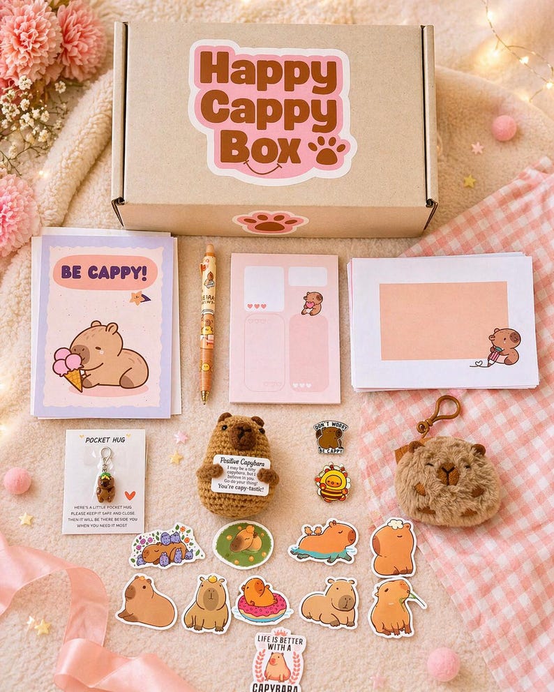 Puede incluir: Un set de regalo 'Happy Cappy Box' con varios art&iacute;culos tem&aacute;ticos de carpincho. Incluye una caja, tarjetas de felicitaci&oacute;n, pegatinas, un bol&iacute;grafo, un llavero y un peluche. La caja y las tarjetas muestran el texto 'Happy Cappy Box' y 'Be Cappy!'