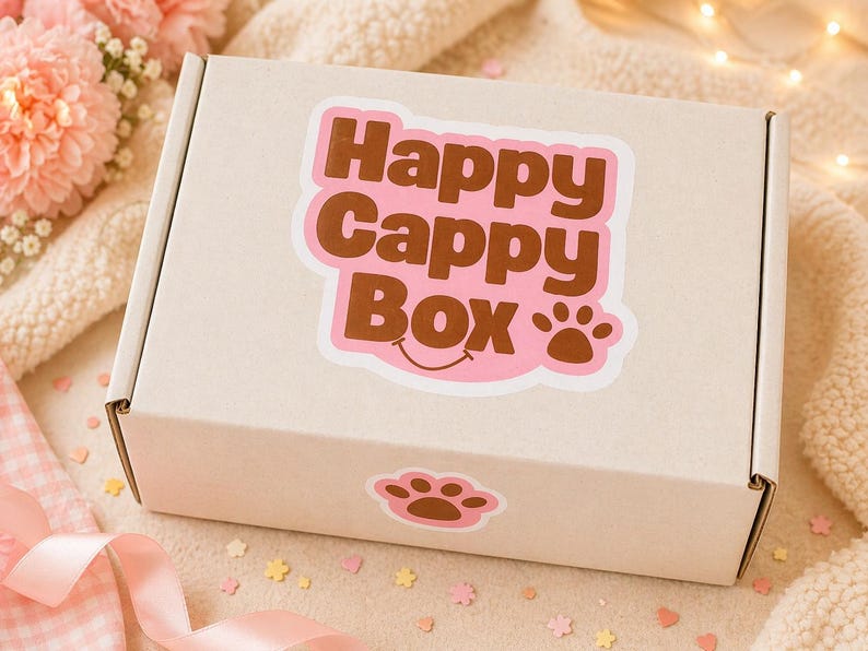Puede incluir: Una caja de cart&oacute;n beige con una pegatina rosa y marr&oacute;n que dice "Happy Cappy Box" con una huella de pata. La caja est&aacute; sobre una superficie suave y texturizada con flores rosas y cinta en el fondo.