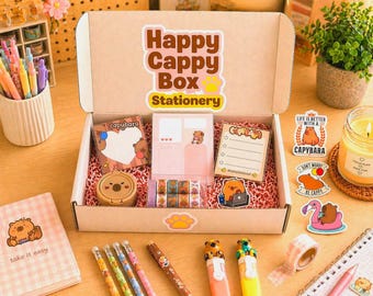 Caja de regalo de papelería Capybara / Set de accesorios de escritorio / Bloc de notas, bolígrafos, pegatinas, cinta washi / Set Kawaii
