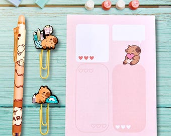 Capybara Briefpapier Set | Kawaii Schreibtisch Accessoires | Notizblock Stift Büroklammern | Zurück in der Schule