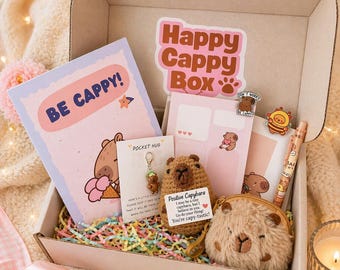 Glückliche Cappy Box | Capybara Geschenkbox | Capybara Schreibwaren Set, Capybara, Geldbörse, Sticker, Notizbuch, Kunstdruck | Kawaii Geschenk