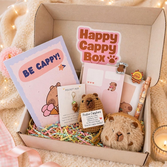 Happy Cappy Box | Capybara Gift Box | Cute Capybara Stationery Set, Plush Coin Purse, Stickers, Notebook, Art Print | Kawaii Gift